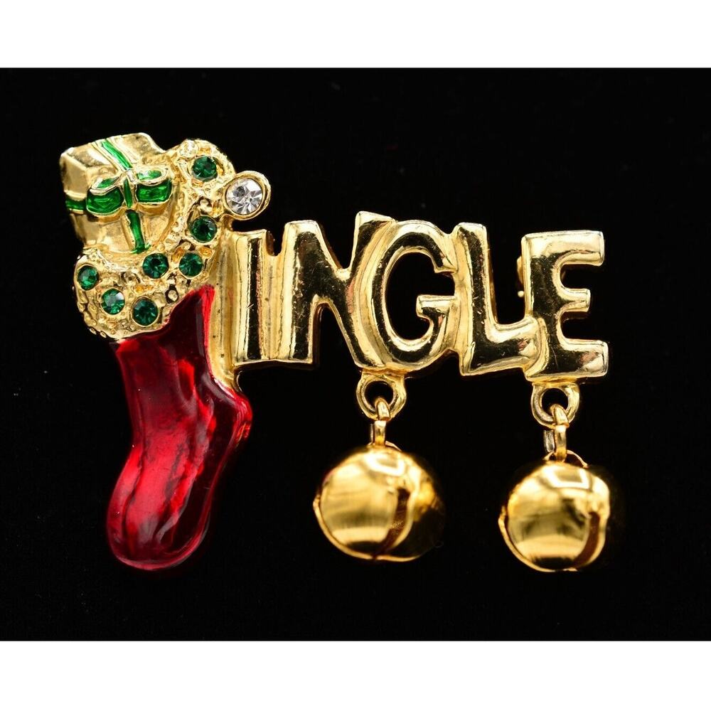 Vintage Jingle Bells Pin Brooch Red Enamel Stocking Christmas Holiday BinAC
